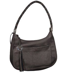 Brighton Barbados Ziptop Hobo Handbag Purse Pewter Pebbled Leather Gray